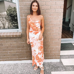 Robe longue dos nu à imprimé floral frais et col bénitier - Orange brûlé