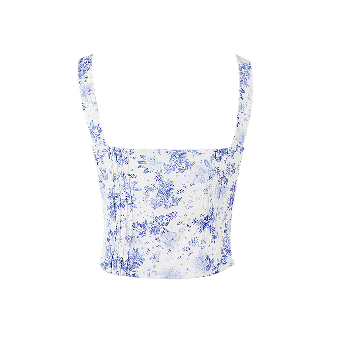 Débardeur bustier à volants et col carré avec imprimé floral - Bleu