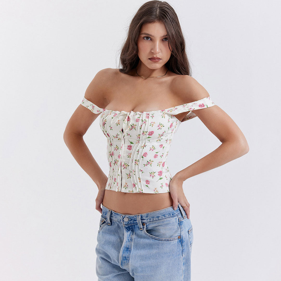 Débardeur bustier à volants et col carré avec imprimé floral - Rose