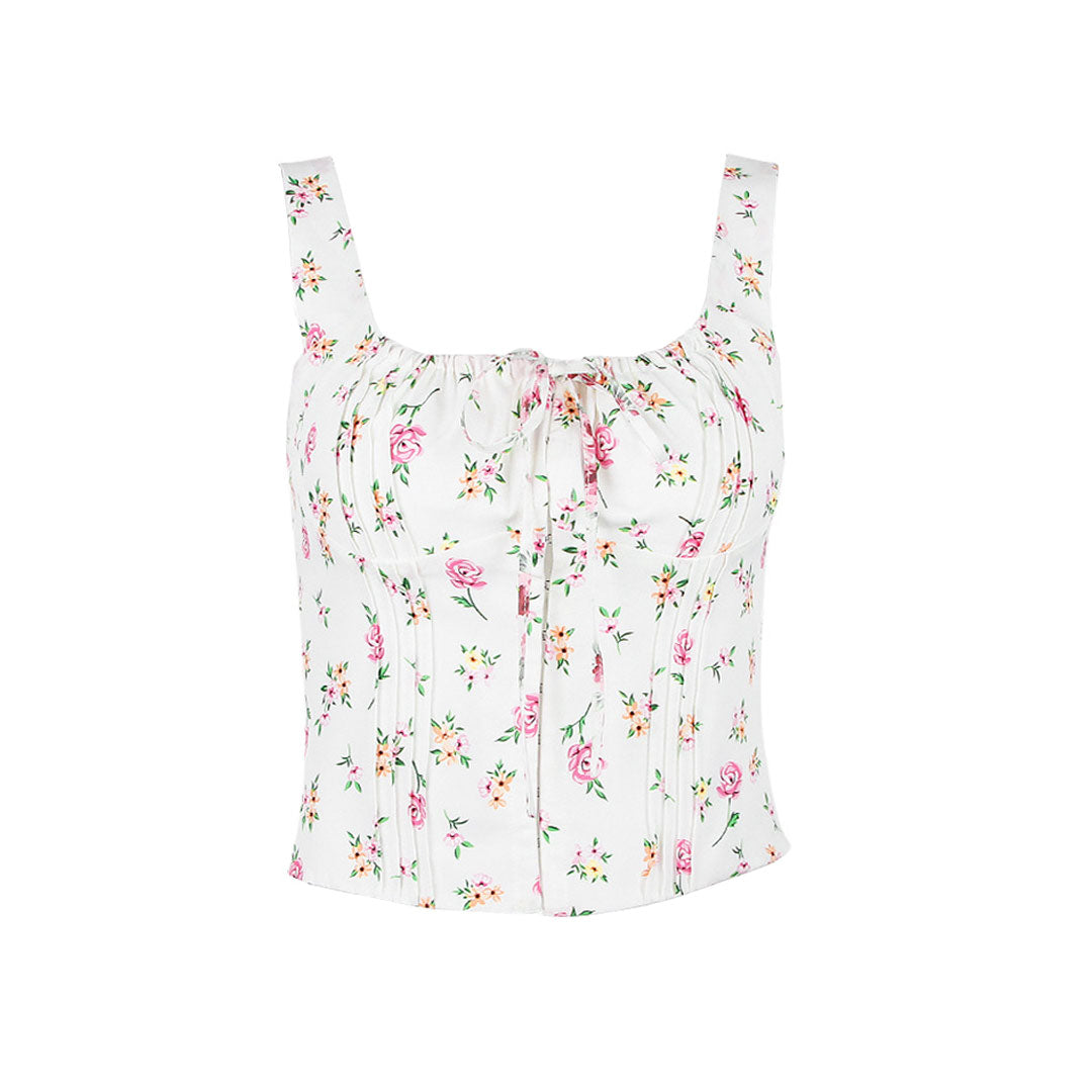 Fresh Tie Front Square Neck Frill Bustier Floral Printed Tank Top - Pink