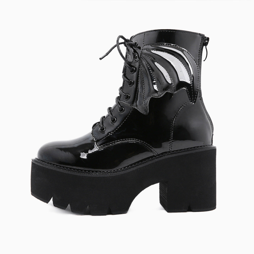 Playful Wing Lace Up Zip Back Chunky Heel Platform Boots - Black