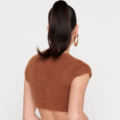 Fuzzy Letter Chain Open Front Short Sleeve Ribbed Crop Cardigan - Camel