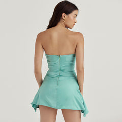 Glamorous Satin Asymmetrical Ruched Strapless Corset Party Mini Dress - Aquamarine