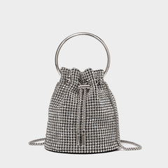 Gleaming Crystal Embellished Drawstring Crossbody Party Bucket Bag - Silver