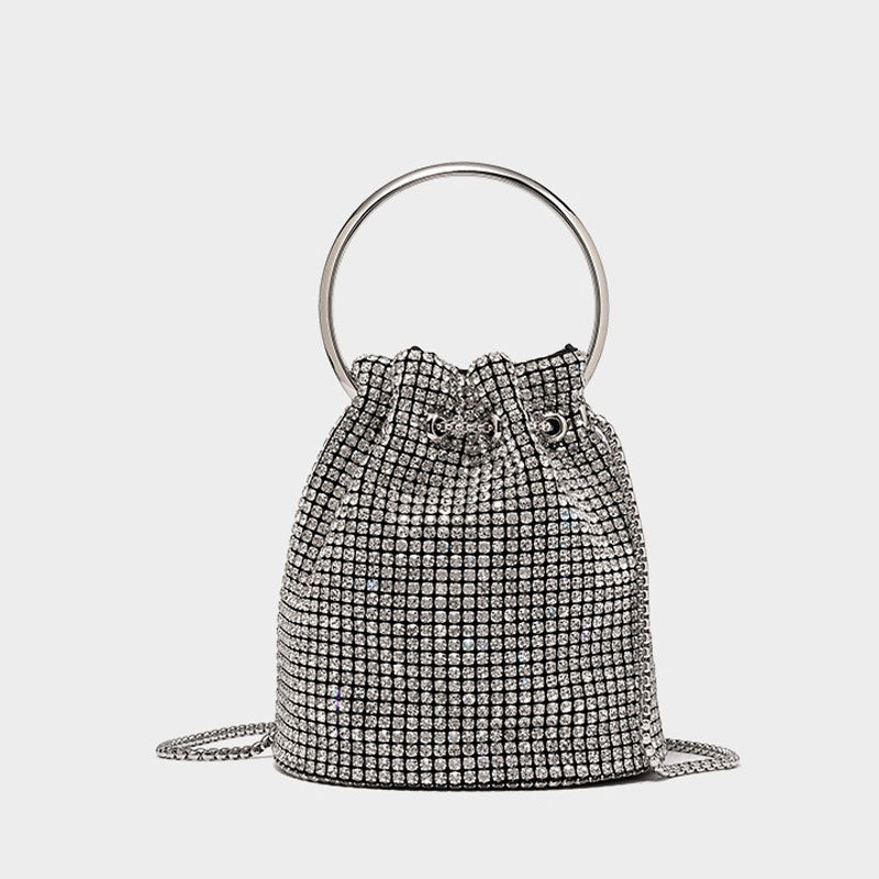 Gleaming Crystal Embellished Drawstring Crossbody Party Bucket Bag - Silver