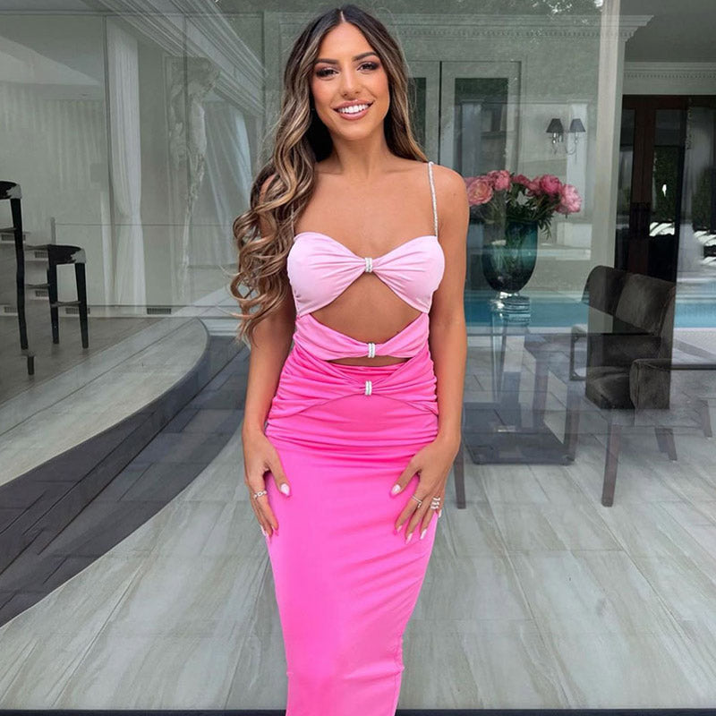 Glitter Crystal Spaghetti Strap Backless Knot Cutout Prom Maxi Derss - Pink