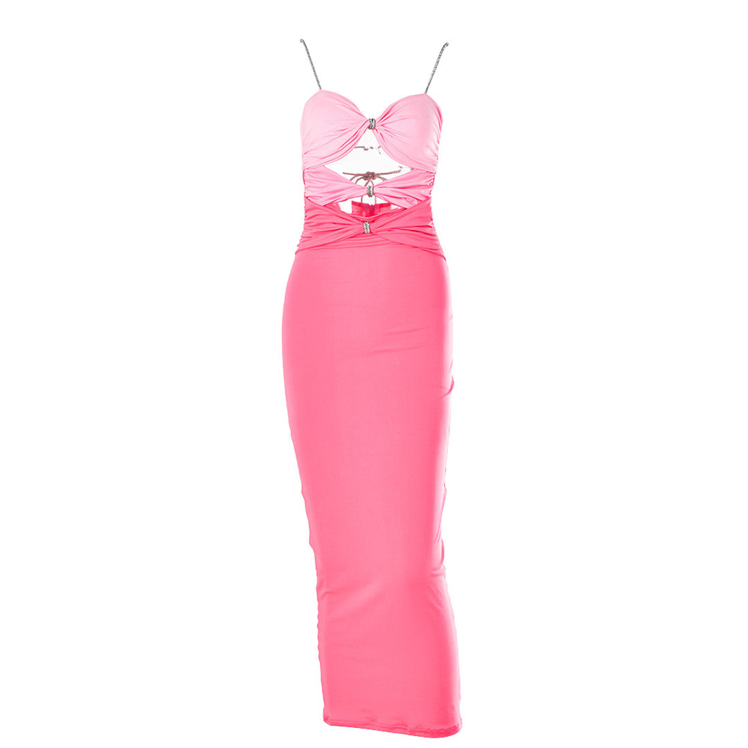 Glitzer Kristall Spaghettiträger Rückenfreies Knoten Ausschnitt Maxikleid Prom Kleid - Pink