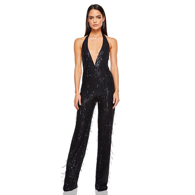 Glitzernder Pailletten Fransen Tiefer Ausschnitt Rückenfreier Party-Jumpsuit Mit Weitem Bein - Schwarz