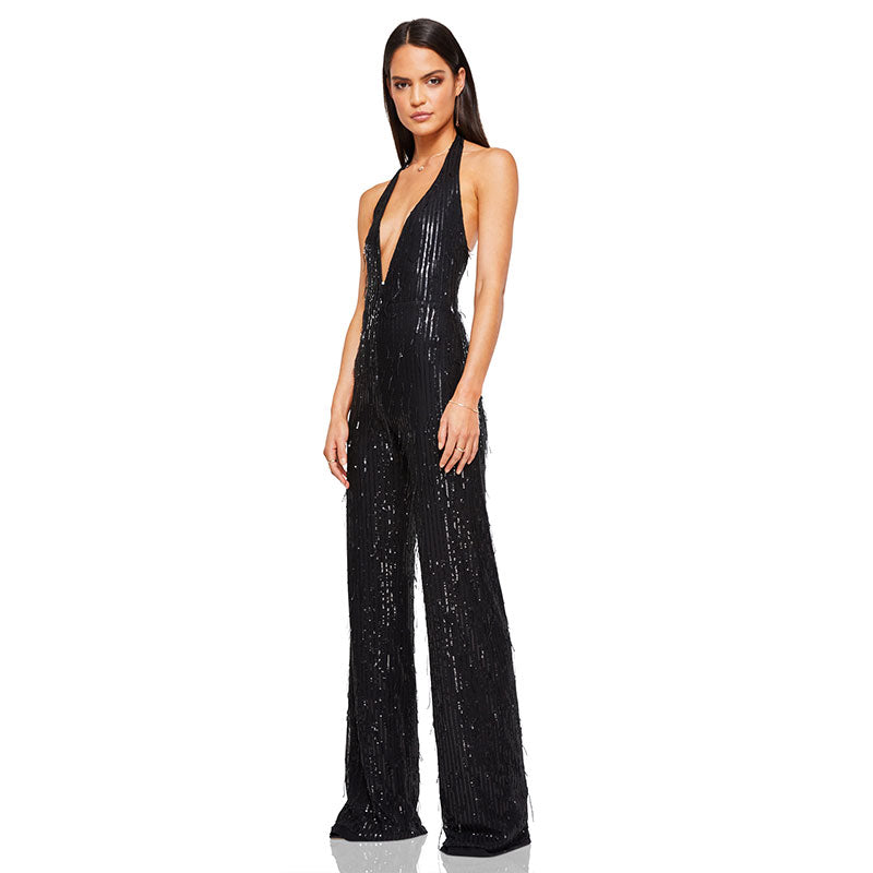 Glitzernder Pailletten Fransen Tiefer Ausschnitt Rückenfreier Party-Jumpsuit Mit Weitem Bein - Schwarz