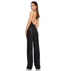 Glitzernder Pailletten Fransen Tiefer Ausschnitt Rückenfreier Party-Jumpsuit Mit Weitem Bein - Schwarz