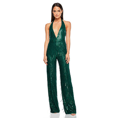 Glitzernder Pailletten Fransen Tiefer Ausschnitt Rückenfreier Party-Jumpsuit Mit Weitem Bein - Grün