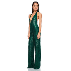 Glitter Sequin Fringe Plunge Backless Wide Leg Party Jumpsuit - Green