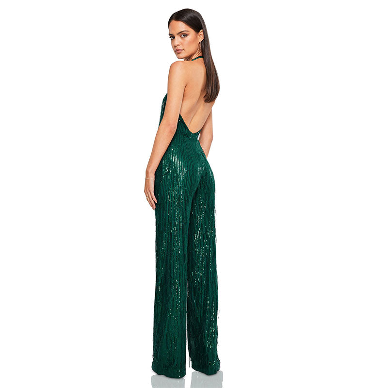 Glitzernder Pailletten Fransen Tiefer Ausschnitt Rückenfreier Party-Jumpsuit Mit Weitem Bein - Grün