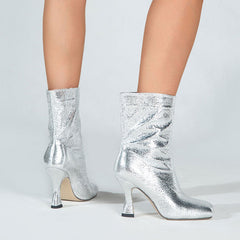 Glitzernde Ankle Boots mit eckiger Zehenpartie und hohem Absatz und Metallic-Besatz - Silber