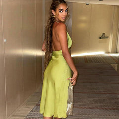 Glossy Backless Pleated Halter V Neck Cocktail Midi Dress - Green