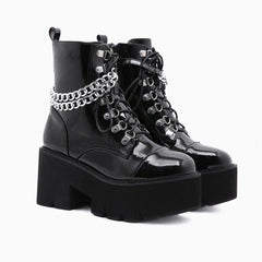 Glossy Chain-Link Lace Up Chunky Heel Platform Boots - Black