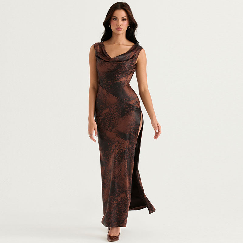 Glossy Satin Abstract Print High Split Cowl Neck Sleeveless Maxi Dress - Brown