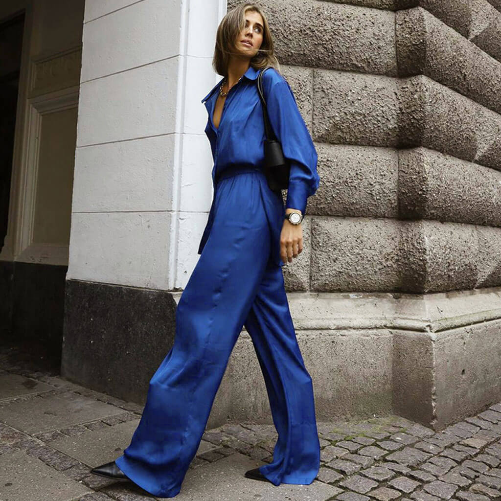 Glossy Satin Blouse Wide Leg Pant Matching Set - Royal Blue