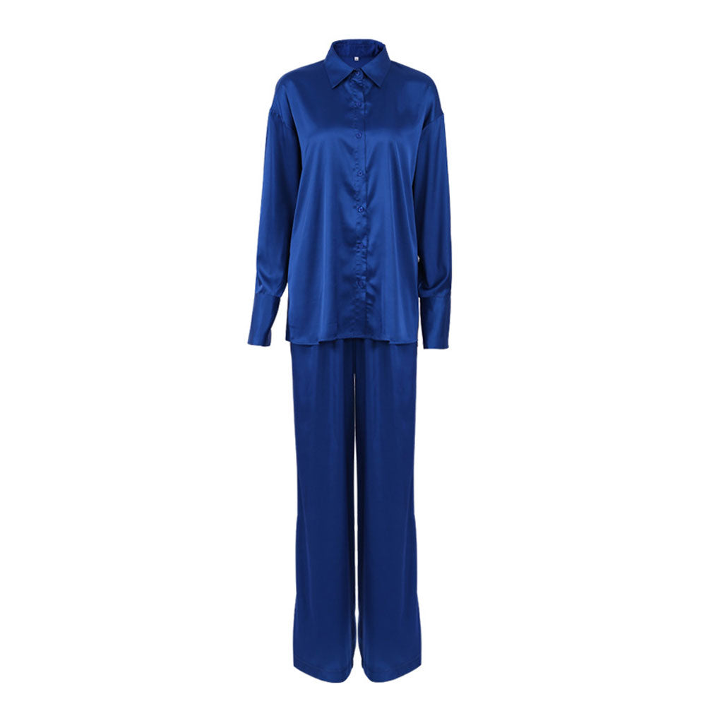 Glossy Satin Blouse Wide Leg Pant Matching Set - Royal Blue