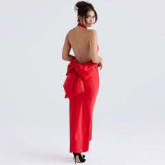 Glänzendes Satin Bowknot Fishtail Ärmelloses Rückenfreies Maxi Abendkleid - Rot