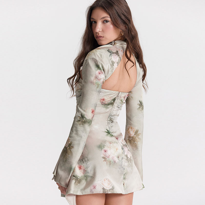 Glossy Satin Flower Print Cutout Ruched Trim Long Sleeve Mini Dress - Floral