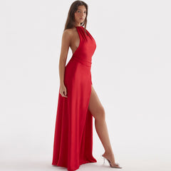 Ärmelloses, rückenfreies Maxi-Abendkleid aus glänzendem Satin mit hohem Schlitz - Rot