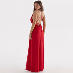 Glossy Satin High Split Sleeveless Backless Evening Maxi Dress - Red