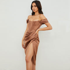 Glossy Satin Off Shoulder Draped Corset Cocktail Midi Dress - Chocolate