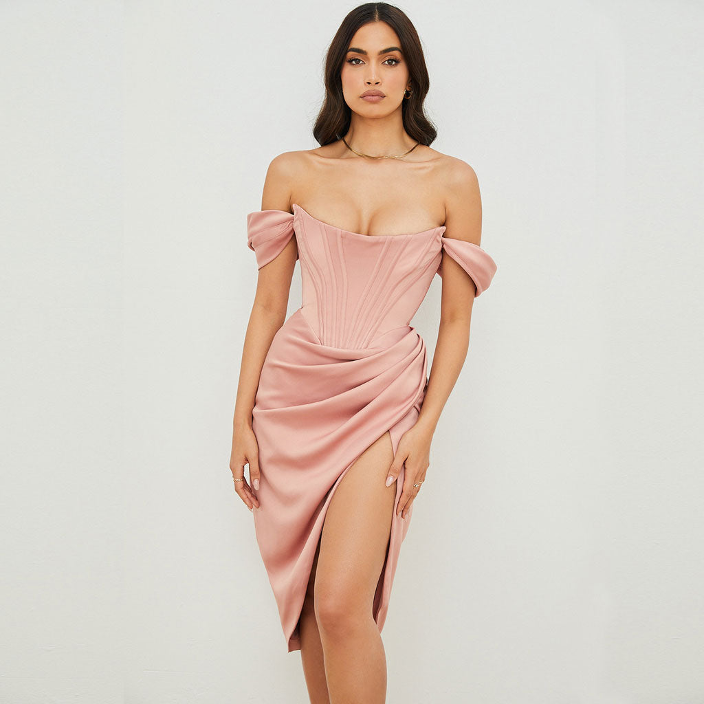 Glossy Satin Off Shoulder Draped Corset Cocktail Midi Dress - Pink