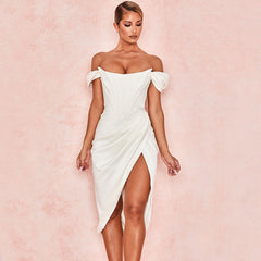 Glossy Satin Off Shoulder Draped Corset Cocktail Midi Dress - White