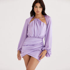 Glossy Satin Ruched Bishop Sleeve Halter Backless Mini Dress - Purple