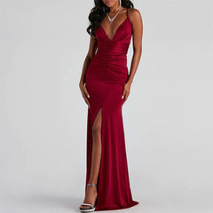 Glossy Satin Ruched Deep V High Slit Backless Maxi Dress - Red