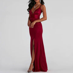 Glossy Satin Ruched Deep V High Slit Backless Maxi Dress - Red