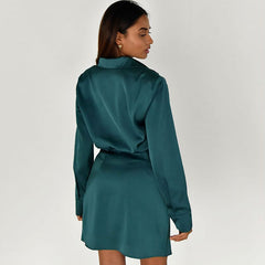 Glossy Satin Ruched Spread Collar V Neck Long Sleeve Shirt Mini Dress - Teal Green