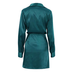 Robe chemise courte à manches longues et col en V en satin brillant froncé - Vert sarcelle