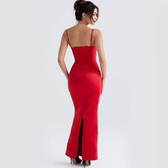 Glossy Satin Solid Color Sleeveless Corset Evening Maxi Dress - Red