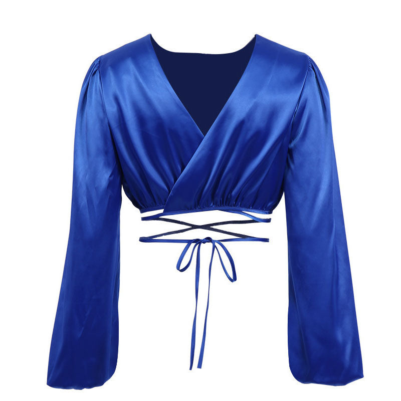 Glossy Satin Tie String Long Sleeve Crew Neck Wrapped Crop Top - Royal Blue