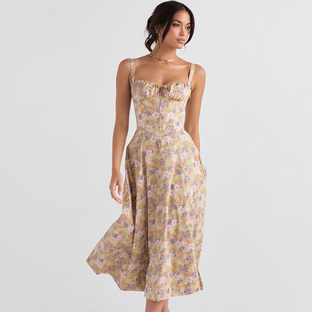 Superbe robe d'été mi-longue à imprimé floral, avec lacets dans le dos et ficelle fendue - Vert