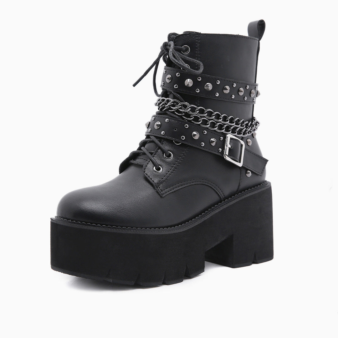 Gothic Punk Nieten Schnallenriemen Kettenglied Plateaustiefel - Schwarz