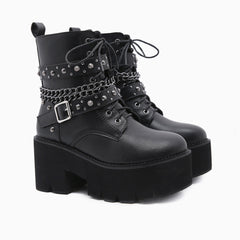 Gothic Punk Nieten Schnallenriemen Kettenglied Plateaustiefel - Schwarz