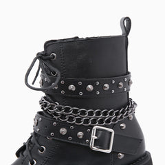 Gothic Punk Nieten Schnallenriemen Kettenglied Plateaustiefel - Schwarz