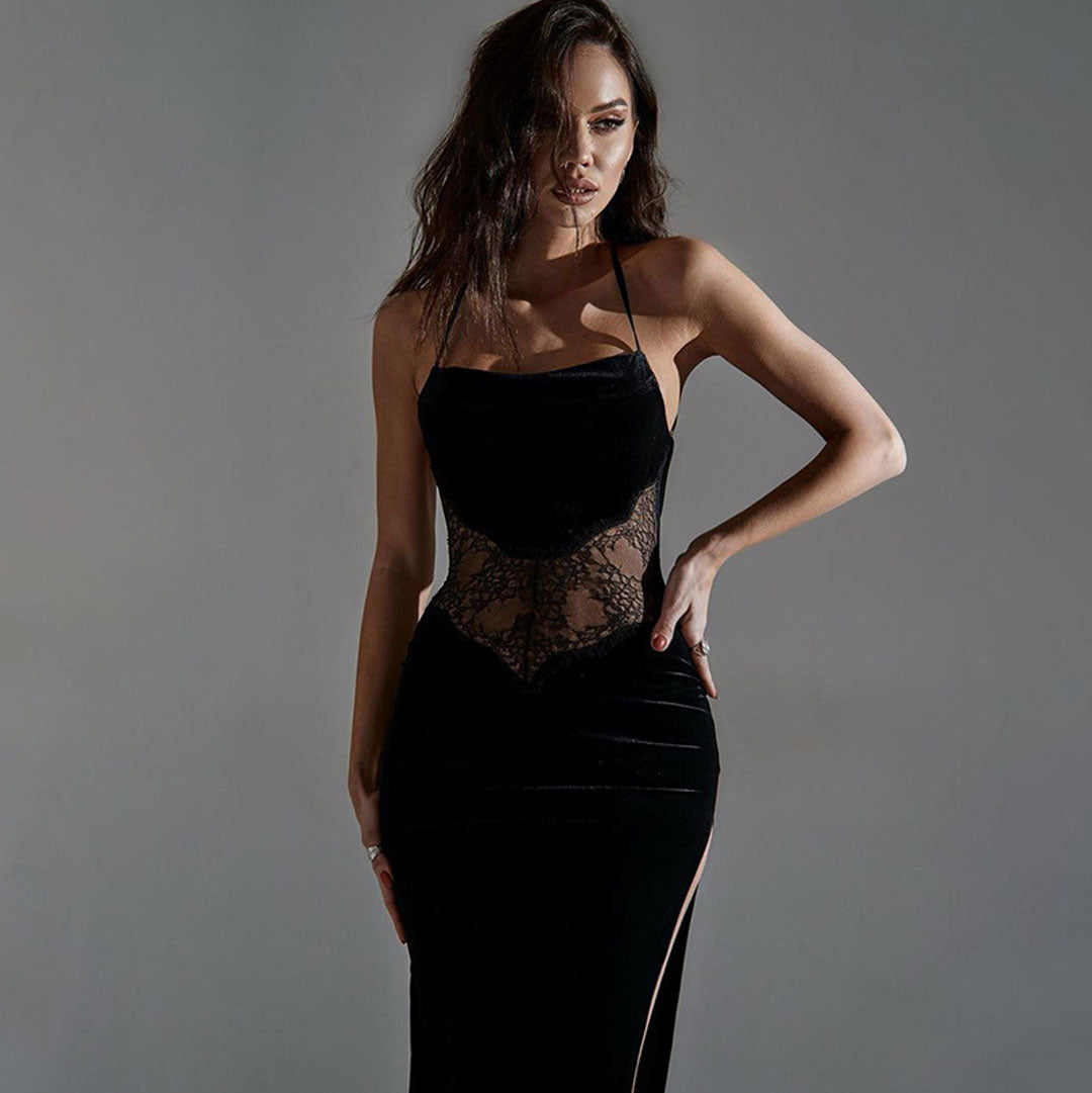 Robe longue dos nu en velours à imprimé floral et dentelle - Noir