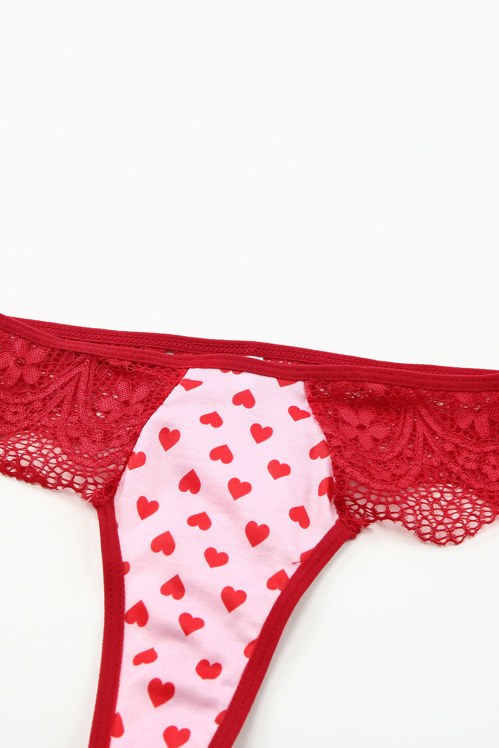 Lace Trim Heart Print Valentines Lingerie Set