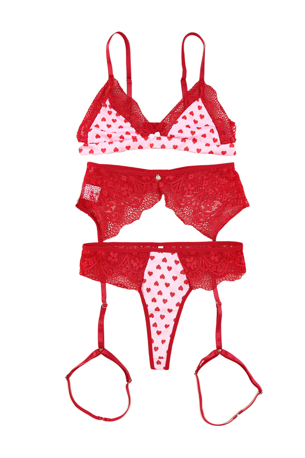 Lace Trim Heart Print Valentines Lingerie Set