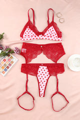 Lace Trim Heart Print Valentines Lingerie Set