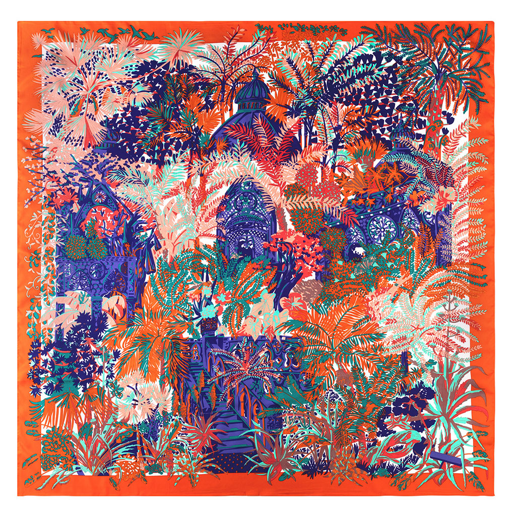 Luxuriant Jungle Print Oversized Square Silk-Twill Scarf - Orange