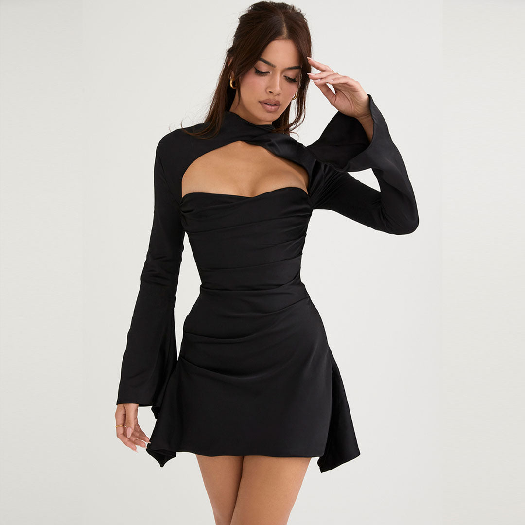 Robe courte drapée luxueuse en satin à col haut et manches longues - Noir