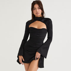 Robe courte drapée luxueuse en satin à col haut et manches longues - Noir