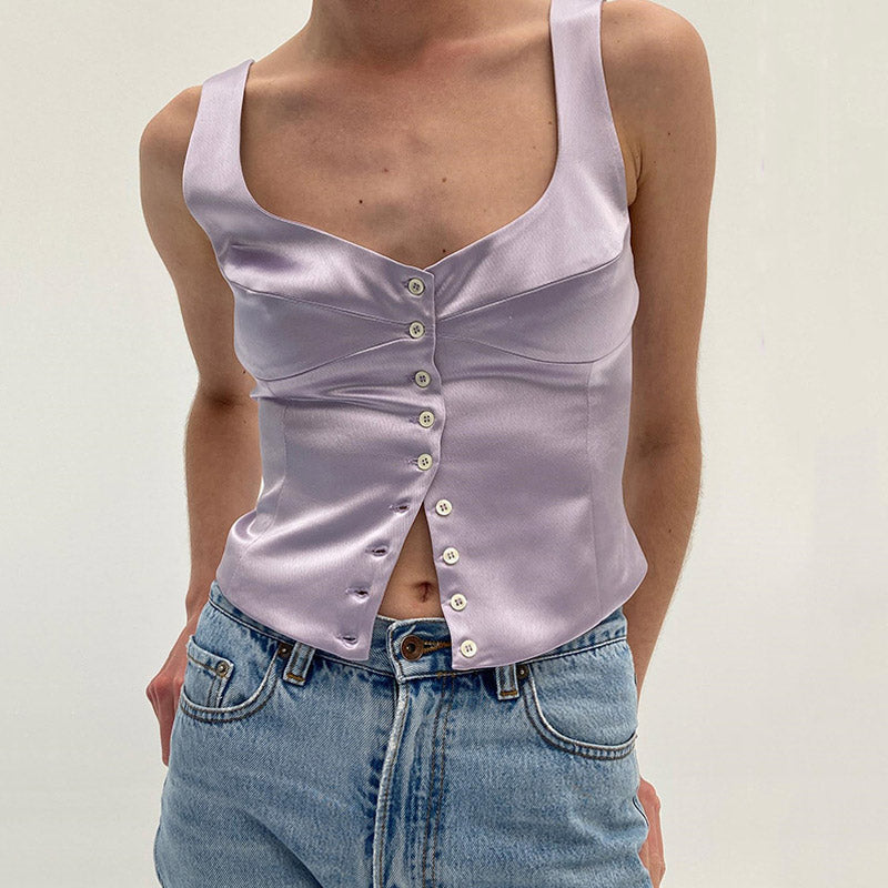 Luxury Satin Square Neck Button Up Sleeveless Tank Top - Purple