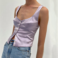 Luxury Satin Square Neck Button Up Sleeveless Tank Top - Purple